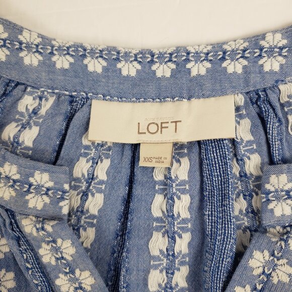 Loft XXS Blue White Embroidery Cotton Women Spring Blouse Top Short Sleeve - Picture 3 of 14